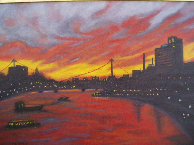 ocaso en la ciudad y el rio Oil Panel Landscaping