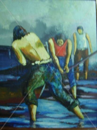 "PESCADORES" Oil Panel Figure Painting