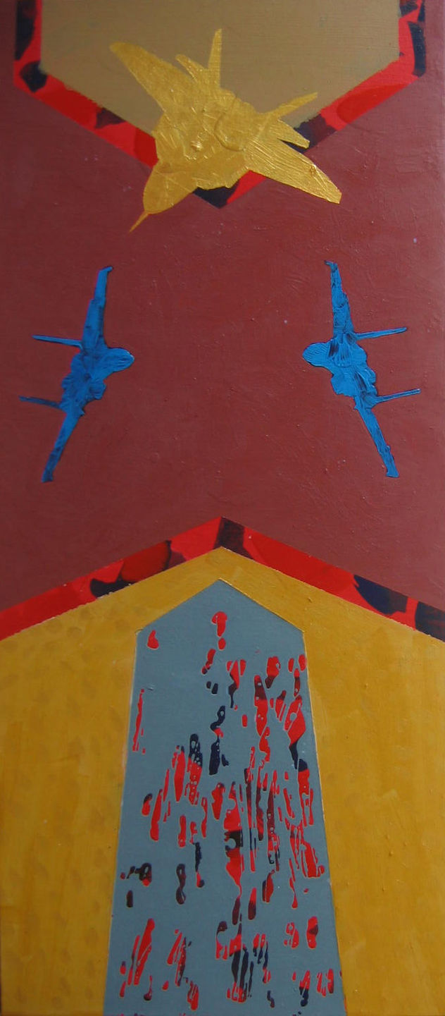 De la serie Quimeras. Encrucijada con ave oro. Acrilico-lienzo, 90 x 40. 2007