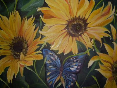 Girassóis com Borboleta Óleo Lienzo Floral