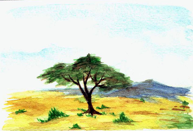 Acacia en la savanah Acuarela Papel Paisaje