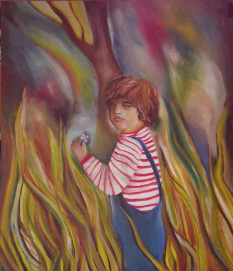 Niño con flor en la mano (autorretrato) Oil Canvas Portrait