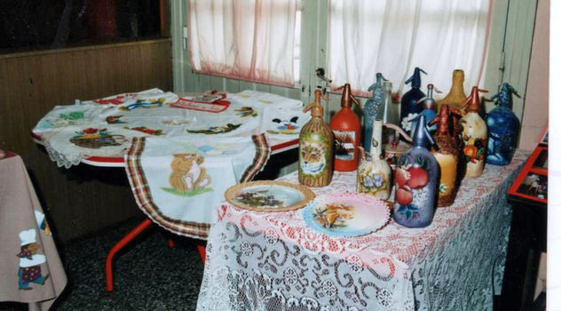 botellas, pintadas,paisaje,flores,acrilico