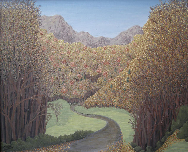 Camino y bosque en otoño Oil Panel Landscaping