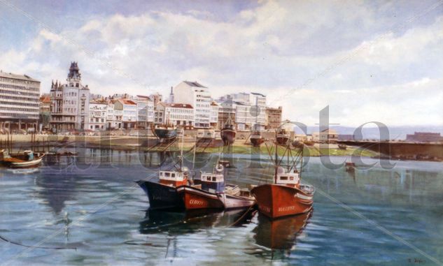 Dársena de A Coruña/Dock of A Coruña Oil Canvas Marine Painting