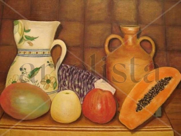 Jarrones, mango, papaya y manzanas Oil Canvas Still Life Paintings