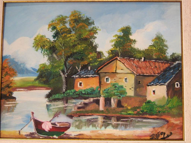 casas sobre lago Oil Canvas