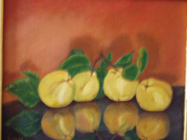 membrillos sobre cristal. Oil Panel Still Life Paintings