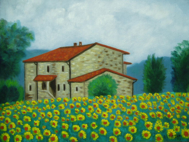 casona con campo de girasoles