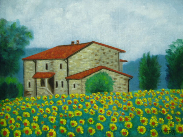 casona con campo de girasoles Óleo Tabla Paisaje