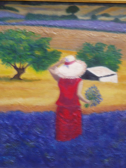 mujer en campo de lavanda. Óleo Tabla Paisaje