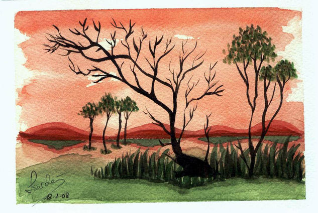 Paisaje africano al anochecer Acuarela Papel Paisaje