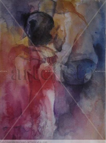 niño agachado. Watercolour Canvas Figure Painting