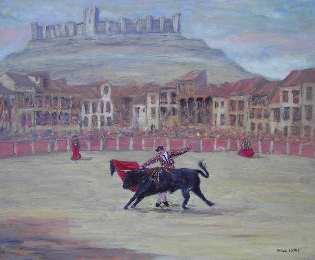 Plaza del Coso(Peñafiel) Oil Panel Figure Painting