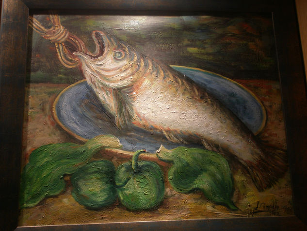 SALMON CON PIMIENTOS VERDES Oil Canvas Still Life Paintings