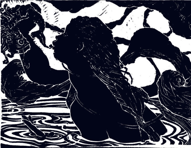 NINFA EN EL LAGO Linocut