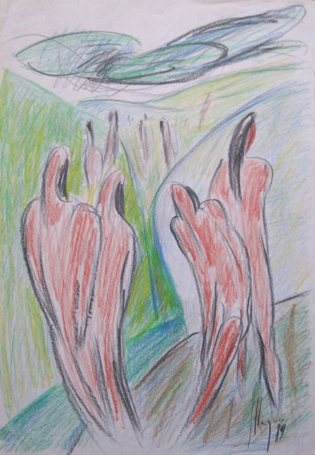 Personajes andando por el campo