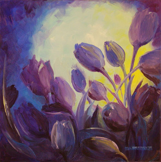 Campo de tulipanes nocturnos. Oil Canvas Floral Painting