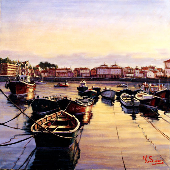 Atardecer con barcas Oil Canvas Landscaping