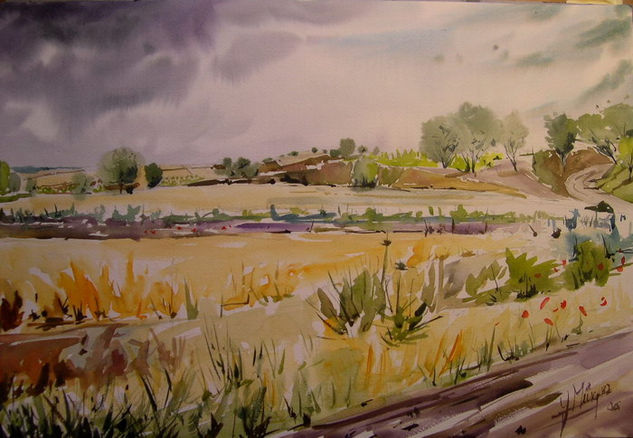 Paisaje en el entorno de la hermita de Mucientes , Valladolid Acuarela Papel Paisaje