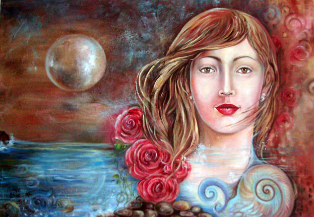 " MUJER, LUNA Y AGUA" Oil Textile Figure Painting