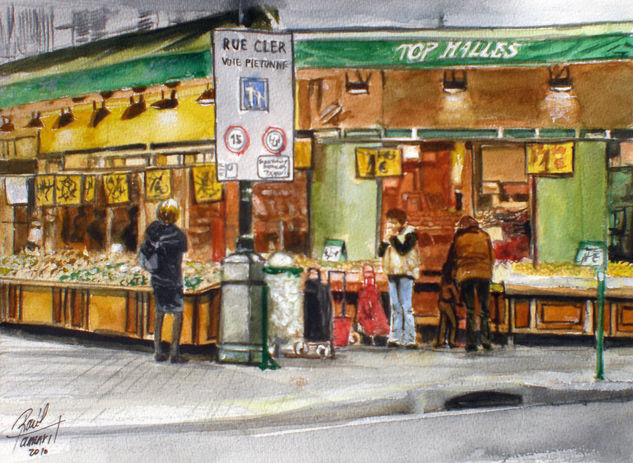 Rue Clair-Paris-Fruteria Acuarela Papel Paisaje