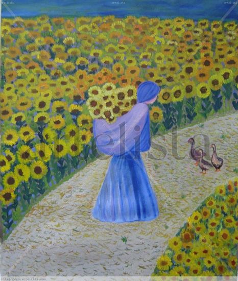 Llevando girasoles Oil Canvas Landscaping