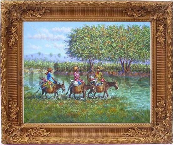 mujeres en burro cruzando en el rio