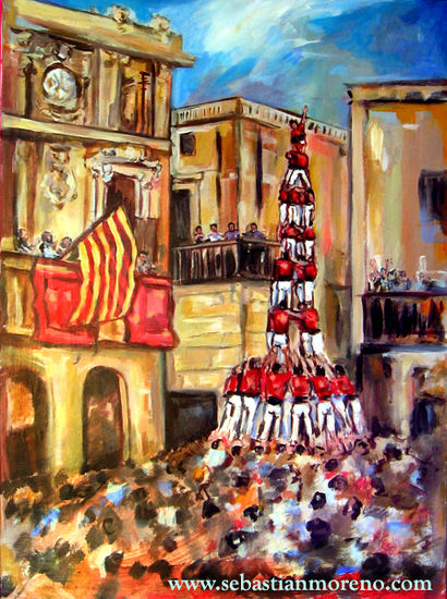 Castellers Acrylic Canvas Figure Painting