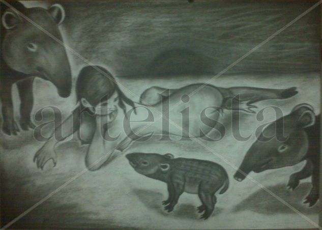 X'TABAY CON FAMILIA DE TAPIRES Charcoal