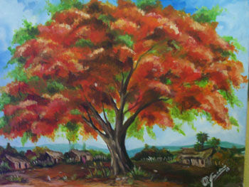 un poblado bajo el flanboyan Acrylic Canvas Landscaping