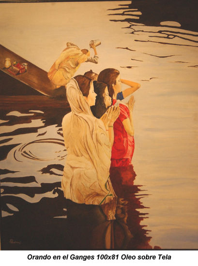 Orando en el Ganges Oil Canvas Figure Painting