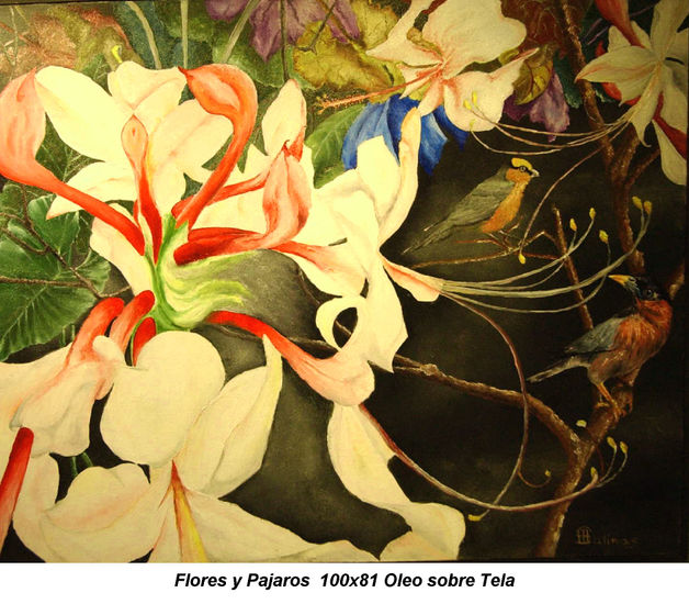 Flores y Pajaros Oil Canvas Floral Painting