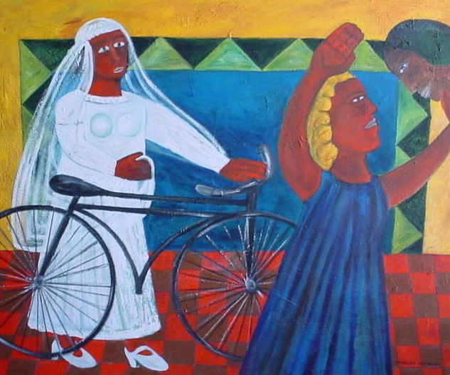 Novia y Bicicleta Oil Canvas Figure Painting