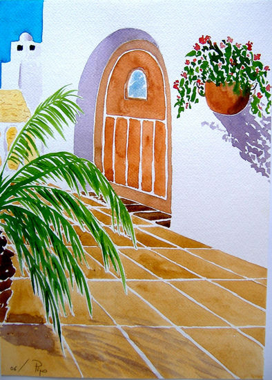 entrada con palmera Acuarela Papel Paisaje