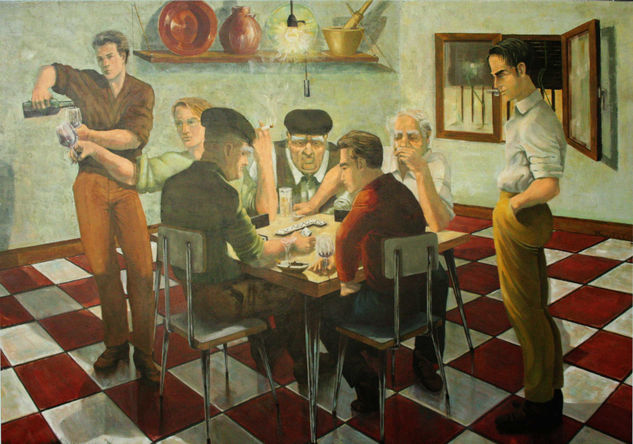 partida de dominó, tarde de verano y dos generaciones Oil Canvas Figure Painting