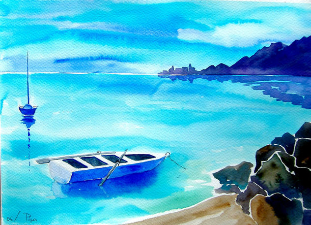 barca azul Watercolour Paper Landscaping