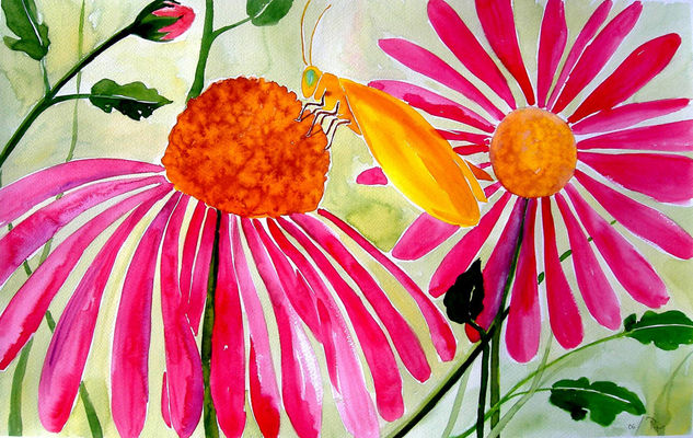 saltamonte y marguaritas Watercolour Paper Floral Painting