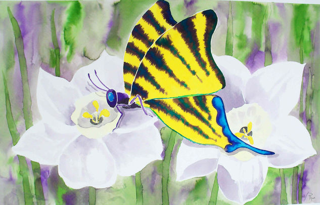 mariposa y narcisos - vendido Watercolour Paper Floral Painting