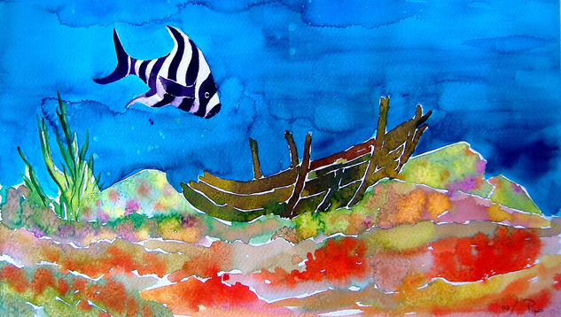 fondo marino con pez cebra - vendido Watercolour Paper Marine Painting