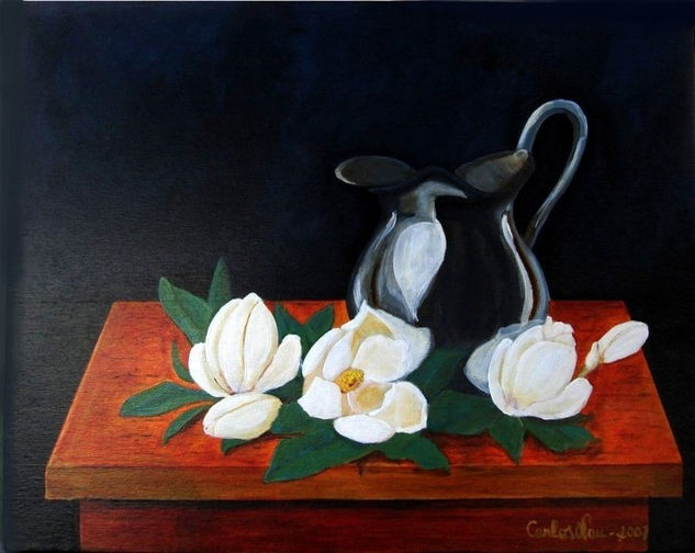 Magnolias &  Silver Pitcher Acrylic Canvas Floral Painting