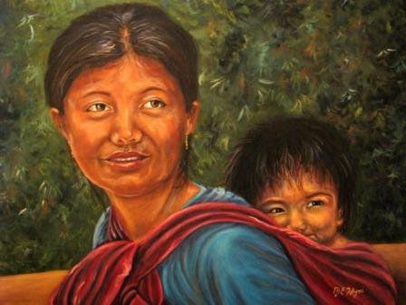 MADRE INDÍGENA CON SU NIÑO DESPLAZADOS Oil Canvas Figure Painting