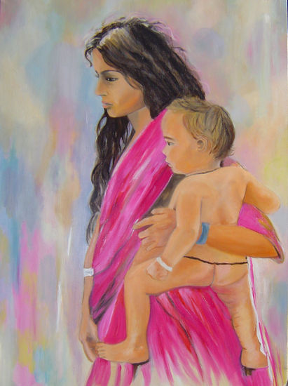 MUCHACHA INDIA CON NIÑO Oil Canvas Portrait