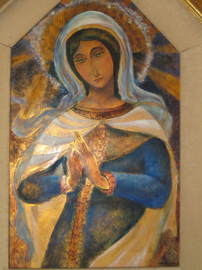 Virgen de Medugorge Oil Panel Figure Painting