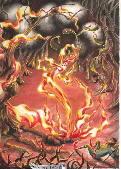 DANZA DEL FUEGO Gouache Paper Figure Painting