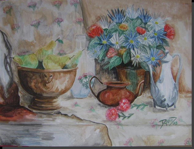 Bodegon de Peras y Claveles Watercolour Paper Still Life Paintings