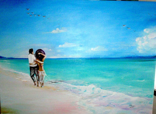 Juntos en la playa Oil Canvas Marine Painting