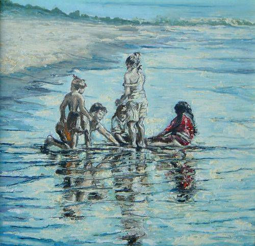 Niños en la Playa Óleo Tabla