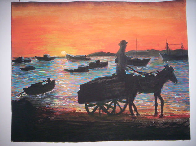 ATARDECER CON SILUETAS Gouache Cartulina