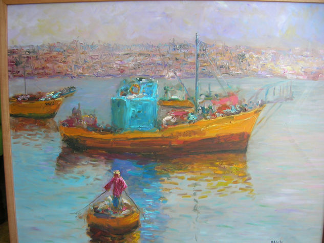 BOTE EN PUERTO DE CALDERA Oil Panel Marine Painting